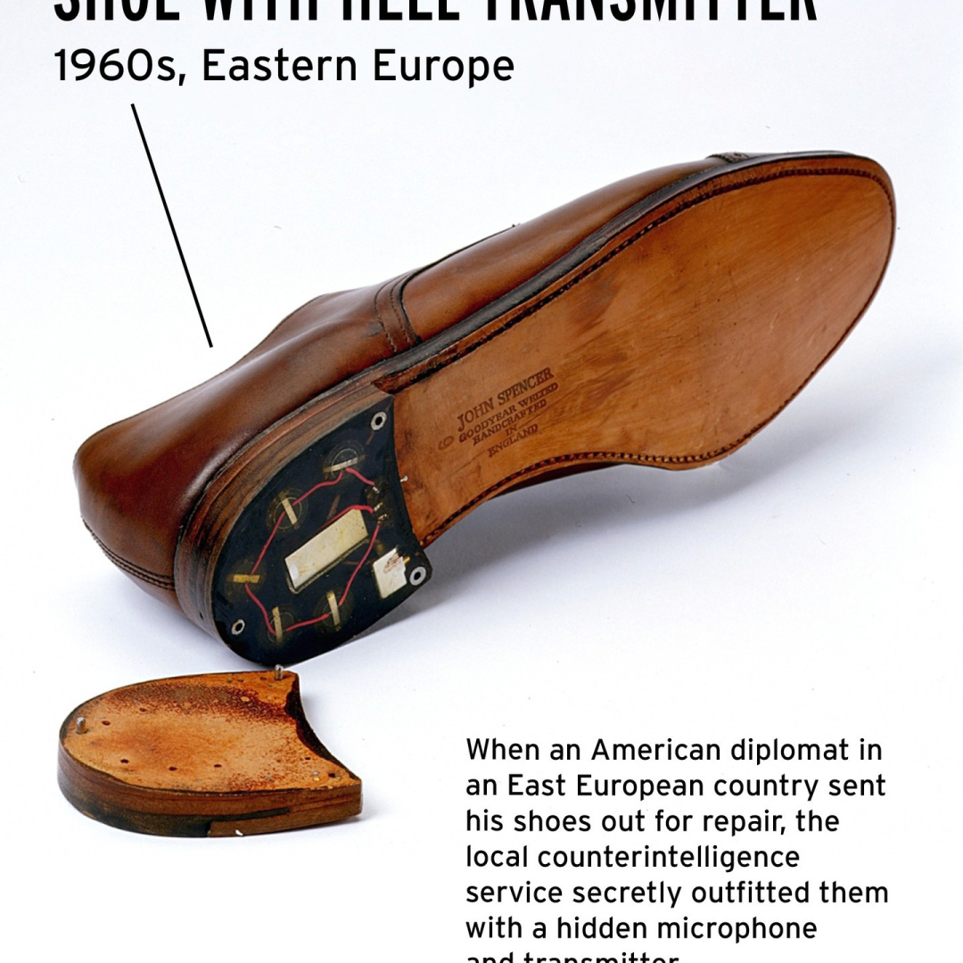 Shoe with heel transmitter from the 1960s, Eastern Europe