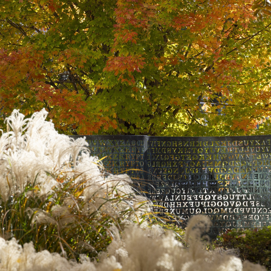 A decorative wall with inscriptions surrounded by colorful foliage and ornamental grasses.