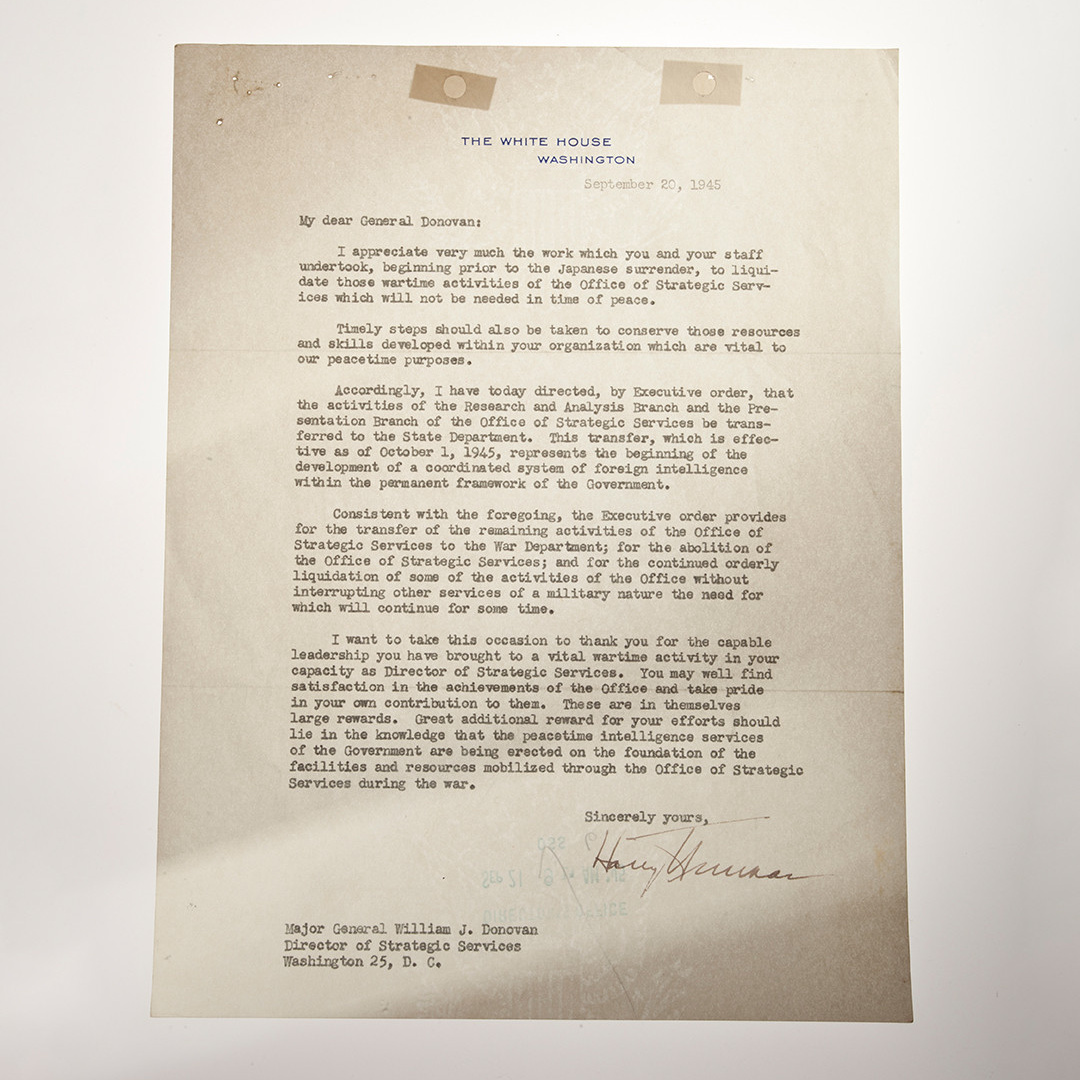 Letter from The White House to Major General William J. Donovan dated September 20, 1945.
